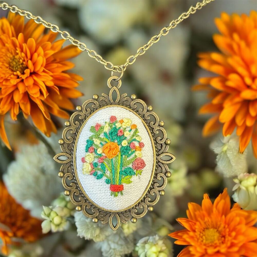 Orange Wildflower Bouquet Botanical Embroidery Pendant Necklace